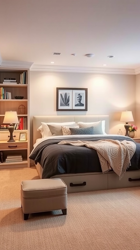 Cozy basement bedroom with smart storage solutions, featuring a bed with drawers, a small ottoman, and a bookshelf.
