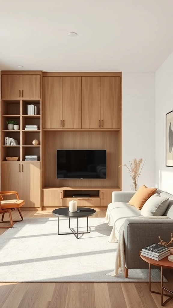 A minimalist living room featuring smart storage solutions with wooden cabinetry and a cozy seating area.