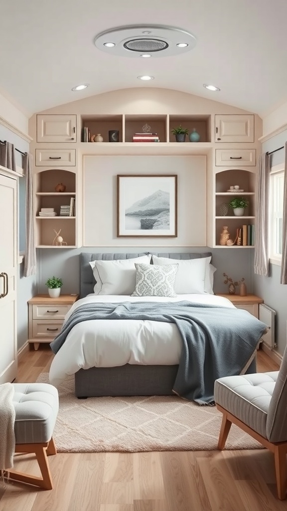 A cozy mobile home bedroom featuring smart storage solutions with built-in shelves and multi-functional furniture.