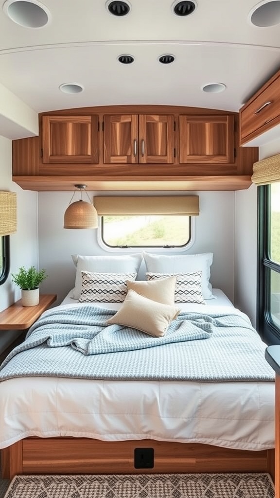 Cozy RV bedroom with overhead cabinets and a bedside table