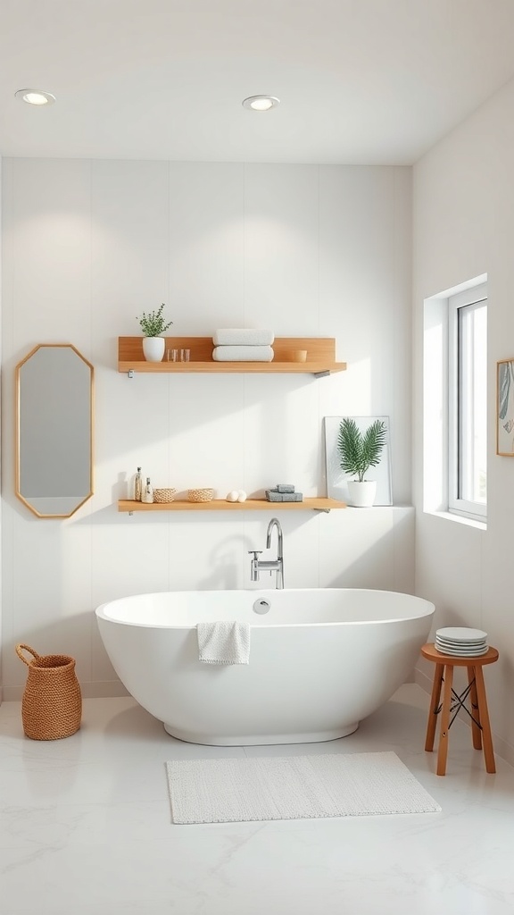 A modern bathroom featuring a freestanding tub, wooden shelves, and smart storage solutions.