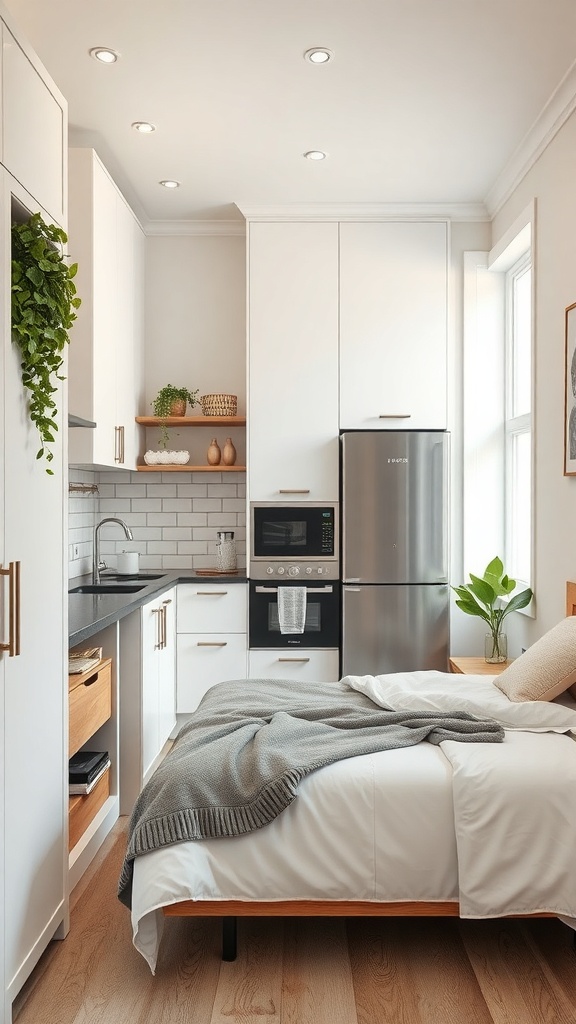 A compact kitchen with modern appliances, open shelving, and smart storage solutions.