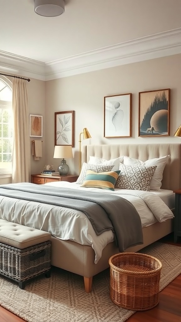 A stylish mom bedroom featuring a bed with decorative pillows, a woven storage basket, and wall art.