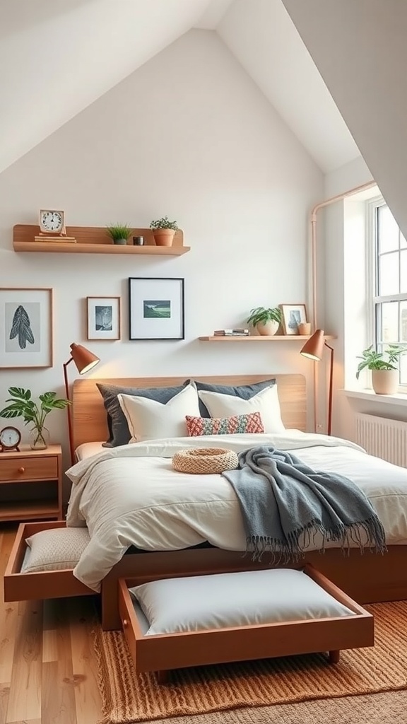 Loft-style bedroom with smart storage solutions, featuring a bed with drawers and floating shelves.