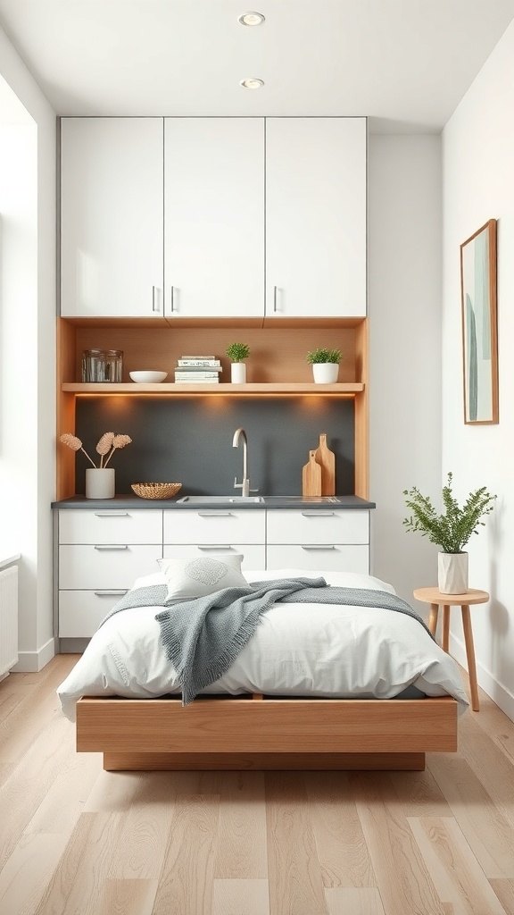 A minimalist kitchen with smart storage solutions, featuring sleek cabinetry, open shelving, and a clean design.