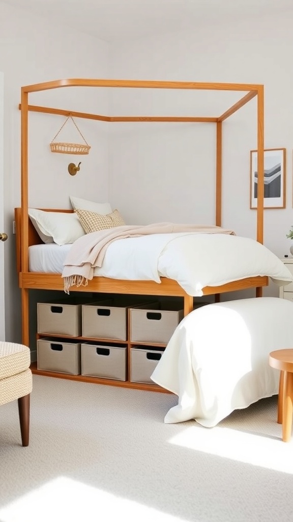 A stylish bed with built-in storage underneath, featuring wooden frame and storage boxes.