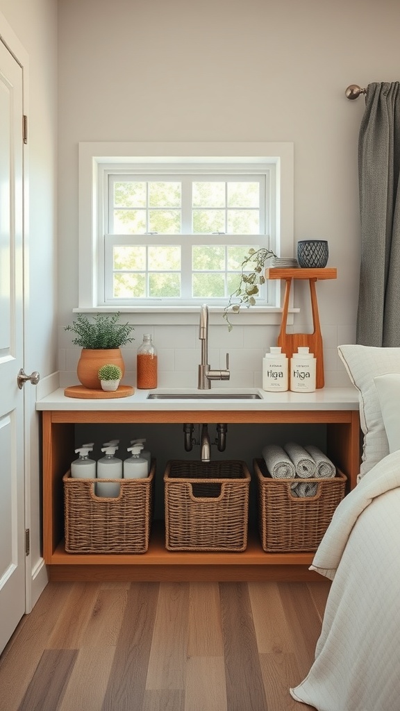 Organized under-sink area in a tiny apartment kitchen with wicker baskets and decorative items.