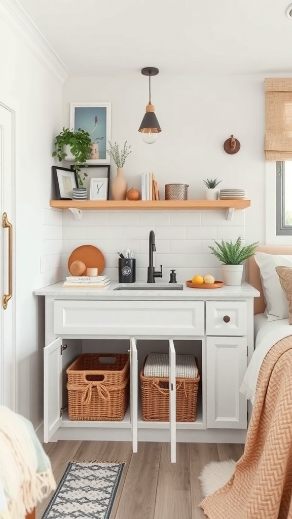 A small kitchen with organized storage under the sink, featuring white cabinetry and woven baskets.