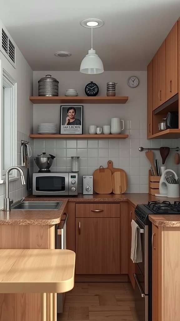 A cozy tiny kitchen with modern appliances, smart lighting, and open shelving for storage.