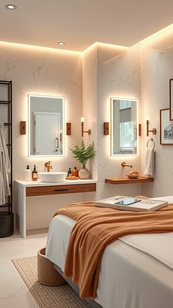 A modern Jack and Jill bathroom featuring smart technology, stylish fixtures, and warm lighting.