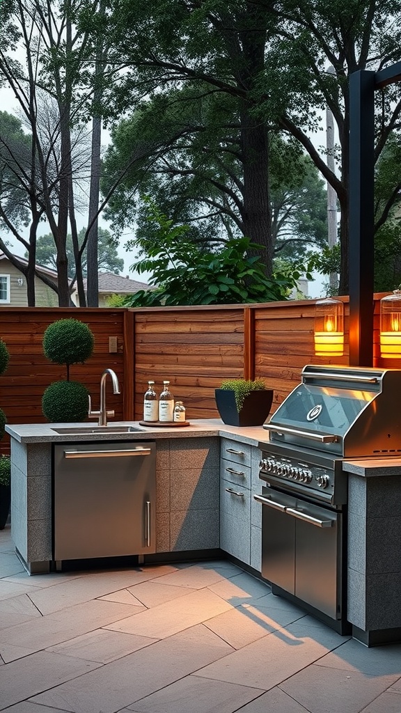 Modern outdoor kitchen with a grill, sink, and stylish lighting