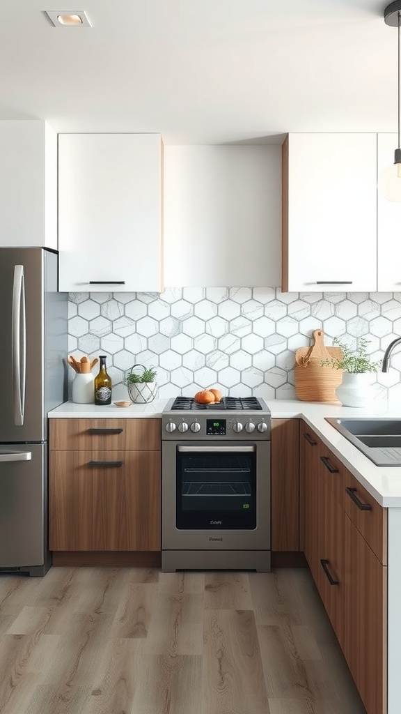 A modern kitchen featuring smart technology with a sleek stove and refrigerator, hexagonal backsplash, and wooden cabinetry.