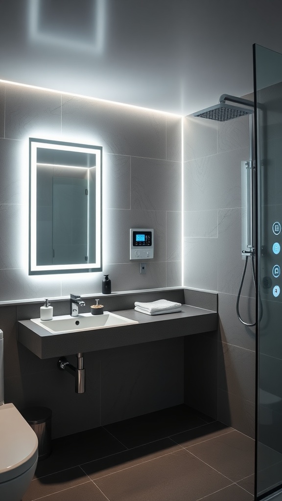 A modern bathroom featuring smart technology with a control panel, sleek design, and ambient lighting.