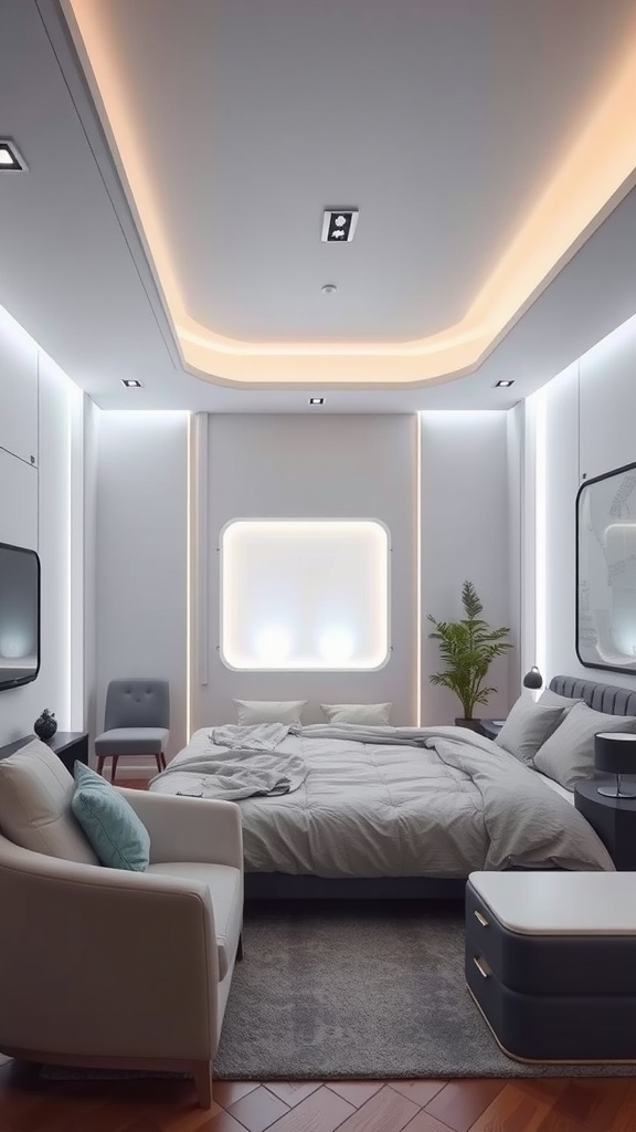 Modern bedroom with smart technology features and ambient lighting.