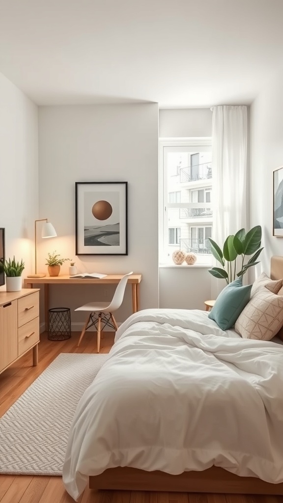A cozy bedroom in a tiny apartment featuring a bed, desk, and plants, showcasing smart technology integration.