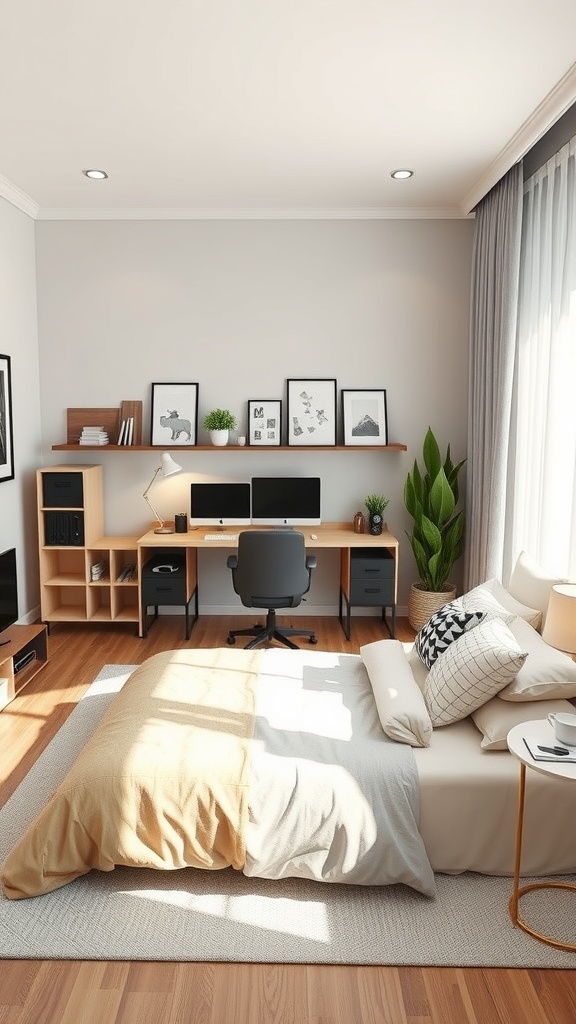 A small home office with a desk, dual monitors, a cozy bed, and plants, showcasing smart technology integration.