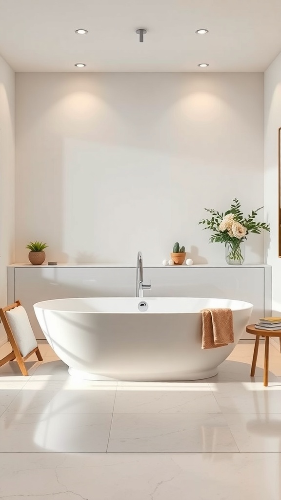 A modern freestanding bathtub in a contemporary bathroom with smart lighting and decor.