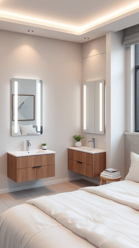 A modern bathroom featuring smart technology with sleek vanities and integrated lighting.