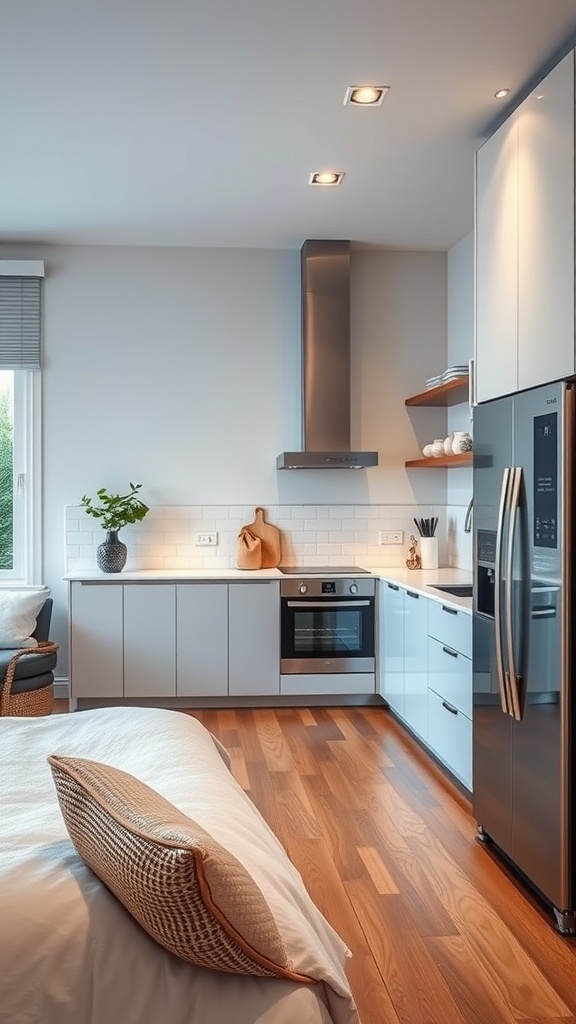 A modern kitchen featuring smart appliances and a cozy design.