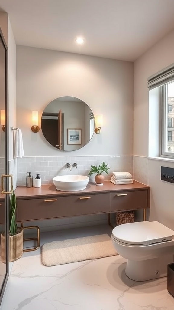 A modern powder bathroom featuring smart technology elements like a stylish mirror and sleek fixtures.