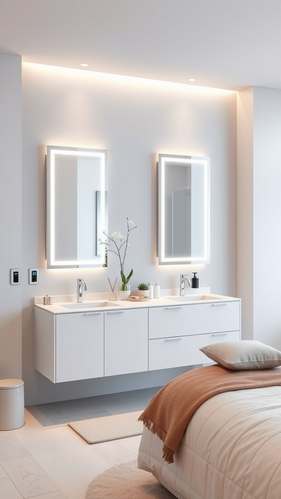 A modern bathroom featuring smart technology with illuminated mirrors, touchless faucets, and minimalist storage.