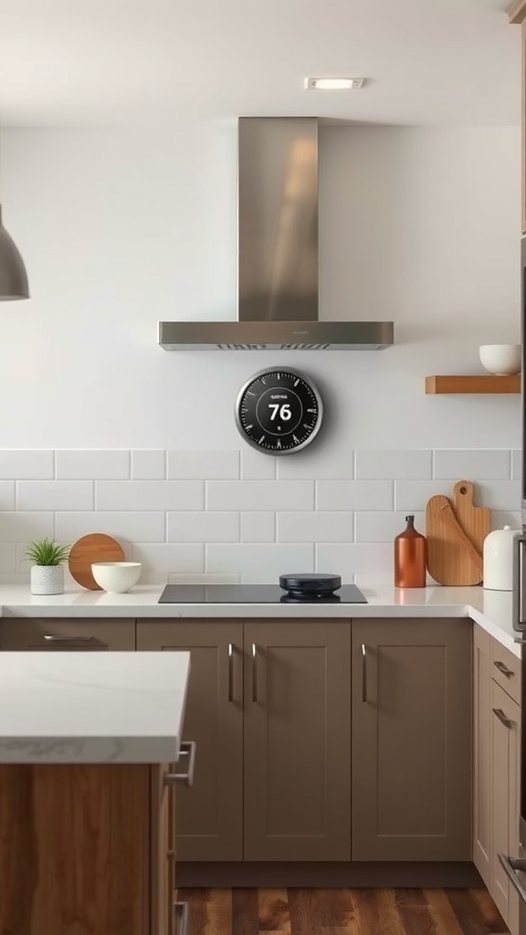 A smart thermostat displayed in a modern kitchen setting
