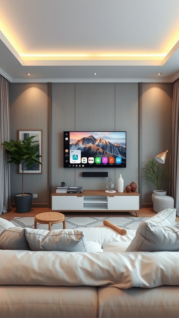 A modern bedroom featuring a Smart TV mounted on a stylish wall, with cozy seating and minimalist decor.