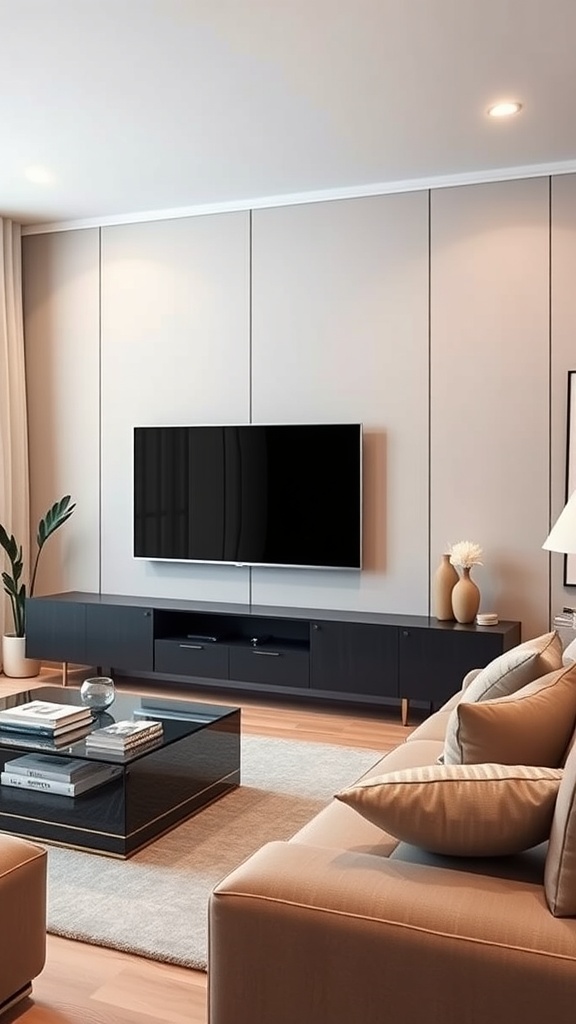 A modern living room featuring a wall-mounted smart TV with a sleek media console, stylish decor, and a cozy seating area.