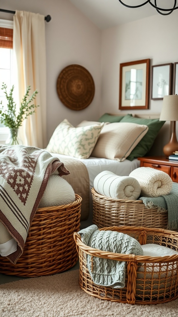Cozy bedroom with woven baskets holding blankets and towels