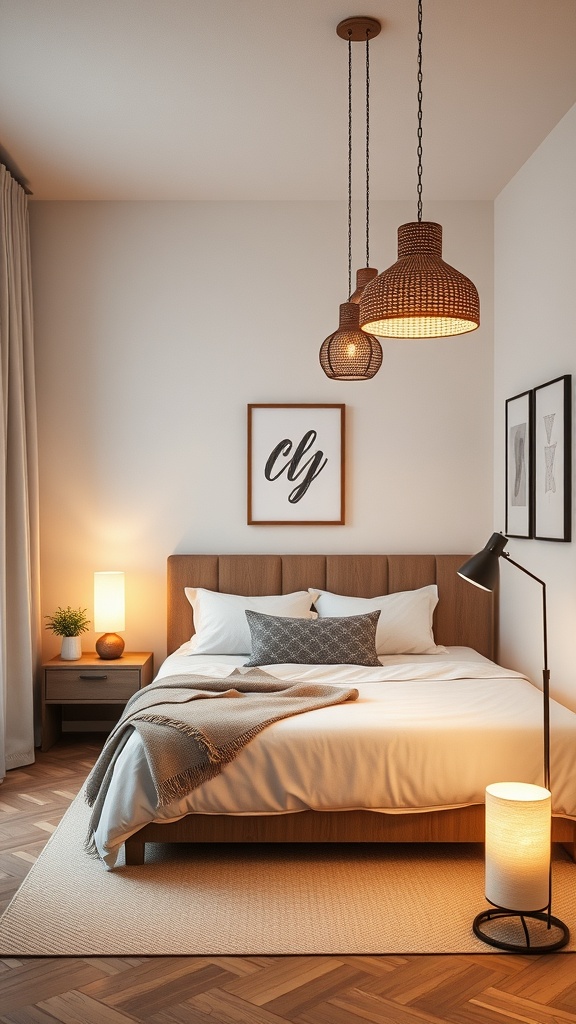 Cozy bedroom with stylish lighting fixtures including hanging lights and a bedside lamp.