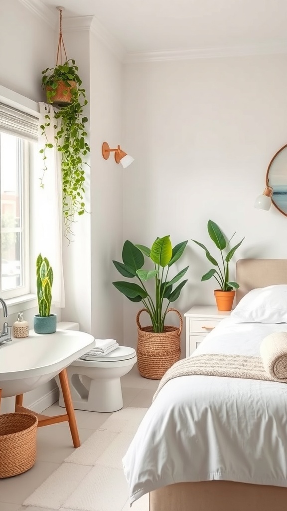 A modern bathroom featuring various plants, including a hanging plant and potted plants, creating a fresh and inviting atmosphere.