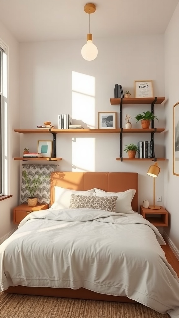 A small bedroom featuring a cozy bed with an orange headboard, stylish wooden shelves above, and decorative items including plants and books.