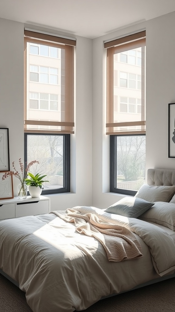 Cozy bedroom with modern roller shades on corner windows, featuring soft beige color, a plant on the nightstand, and a neatly made bed.