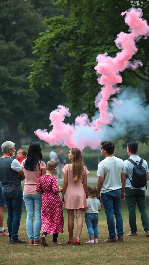 A group of people watching pink smoke rising in a park during a gender reveal party.