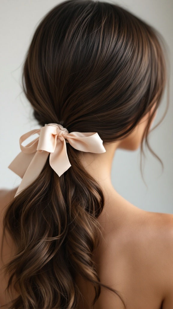 A stylish smooth blowout hairstyle for bridesmaids featuring loose waves and a peach ribbon.