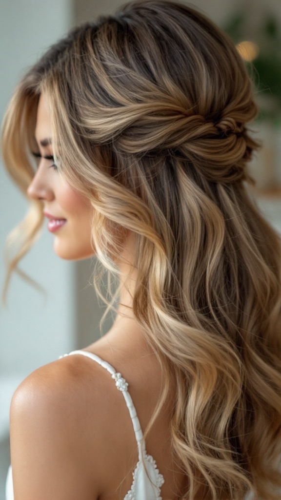 A bride's side profile showing a smooth blowout hairstyle with soft waves