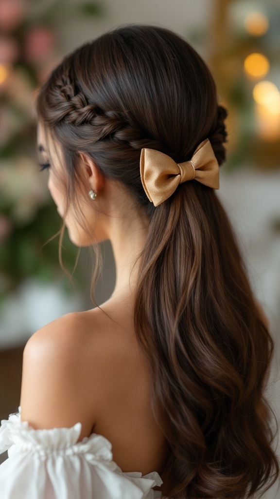 Bridesmaid hairstyle featuring smooth straight hair styled with a bow