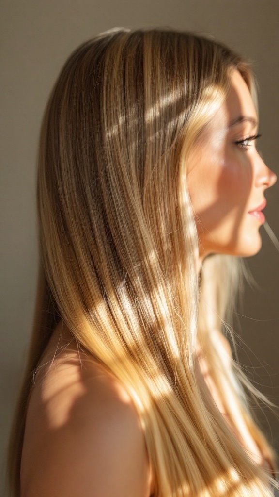 A side profile of a woman with smooth straight hair and highlights, illuminated by soft light.