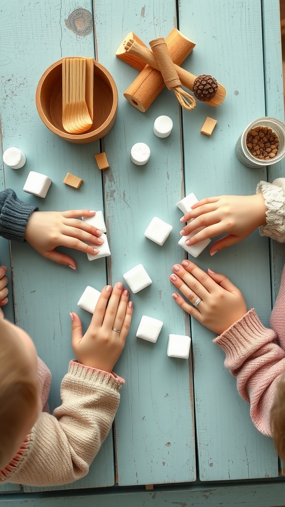 Hands of children arranging marshmallows and graham crackers on a wooden table.