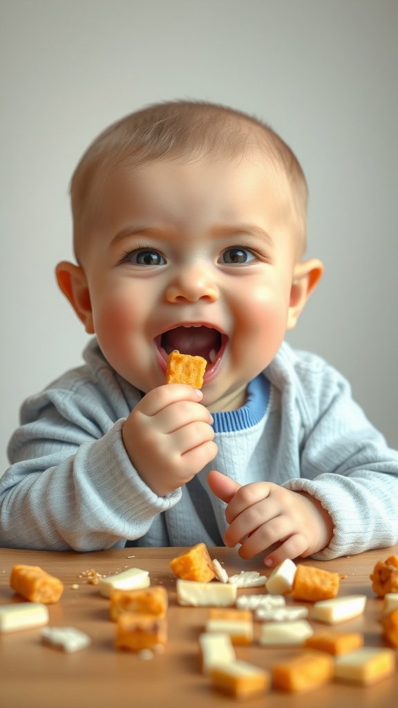 A happy baby enjoying snacks with crumbs scattered around.