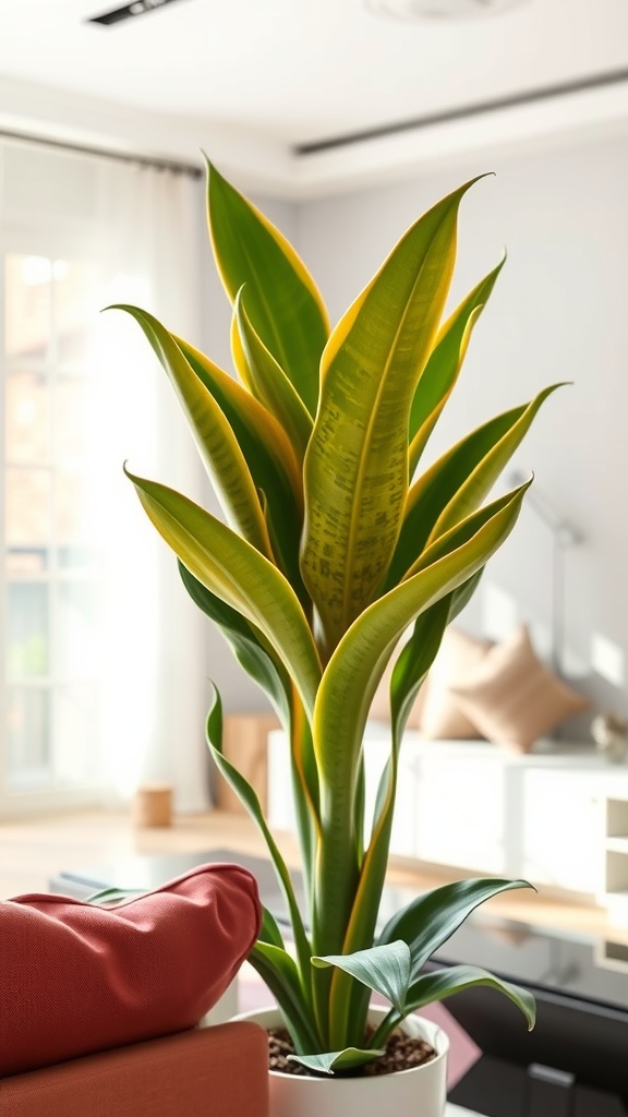 A vibrant Snake Plant with tall leaves and yellow edges, placed in a bright living room