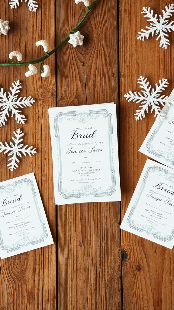 Snowflake themed baby shower invitations arranged on a wooden table with snowflakes and decorative elements.
