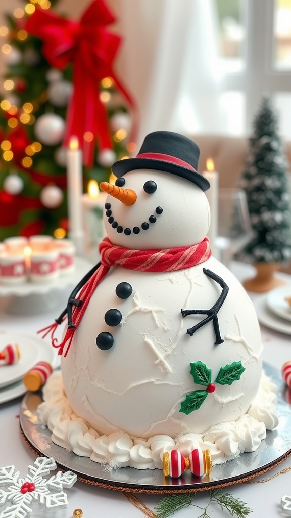 A festive snowman cake with a top hat, scarf, and decorative details, set in a cozy winter-themed table setting.