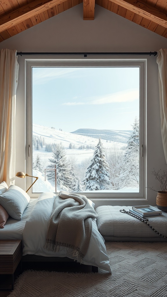Cozy bedroom with a view of a snowy landscape and mountains in the distance.