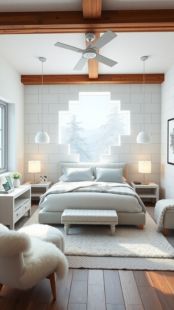 Cozy bedroom with snowy mountain view, featuring soft colors and rustic wooden beams.