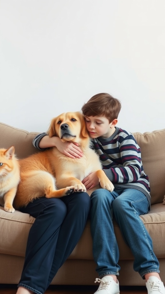 A boy snuggling with a golden retriever on a couch, with a cat nearby.