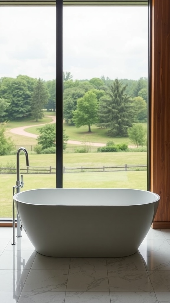 A modern soaking tub in front of large windows showing green landscape