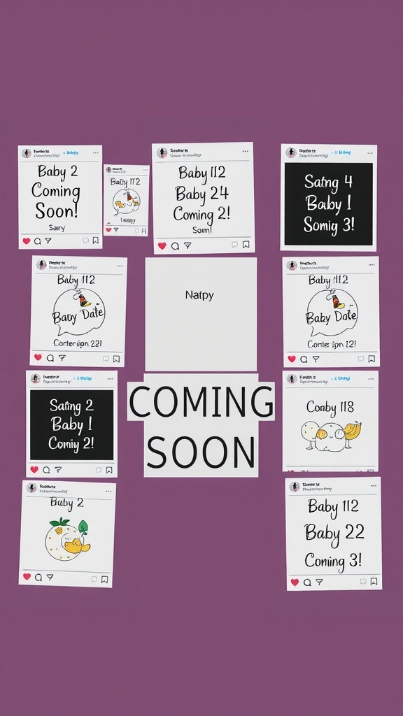 Various social media posts announcing baby number two, featuring playful text and illustrations.