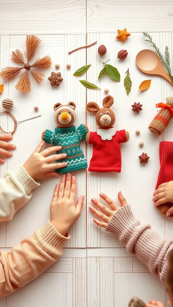Kids making sock puppets with colorful socks and craft materials.