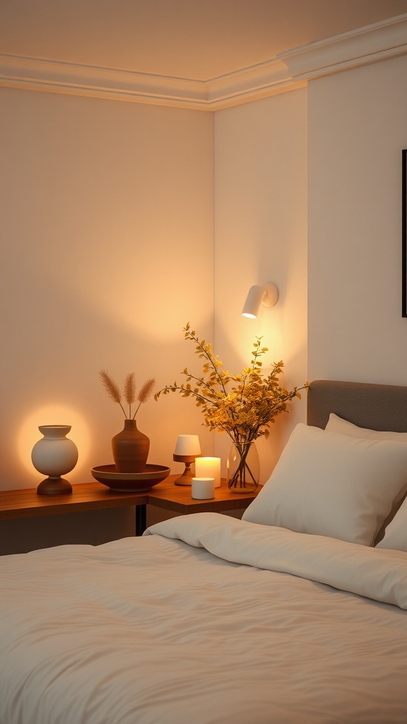 A zen bedroom with soft ambient lighting, featuring warm lamps and a cozy bed.